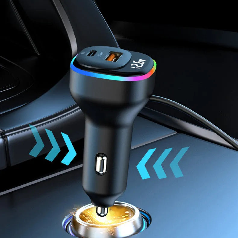 Black multi-function vehicle-mounted car charger with direct plug power supply, model YQ5, 10 x 4.5 x 13.7 cm packing size