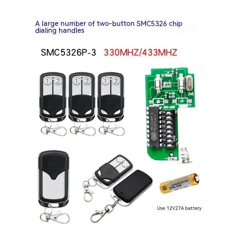 Black plastic two-key dial remote control handle with SMC5326 chip, 330MHz or 433MHz, 12V rated voltage for door control
