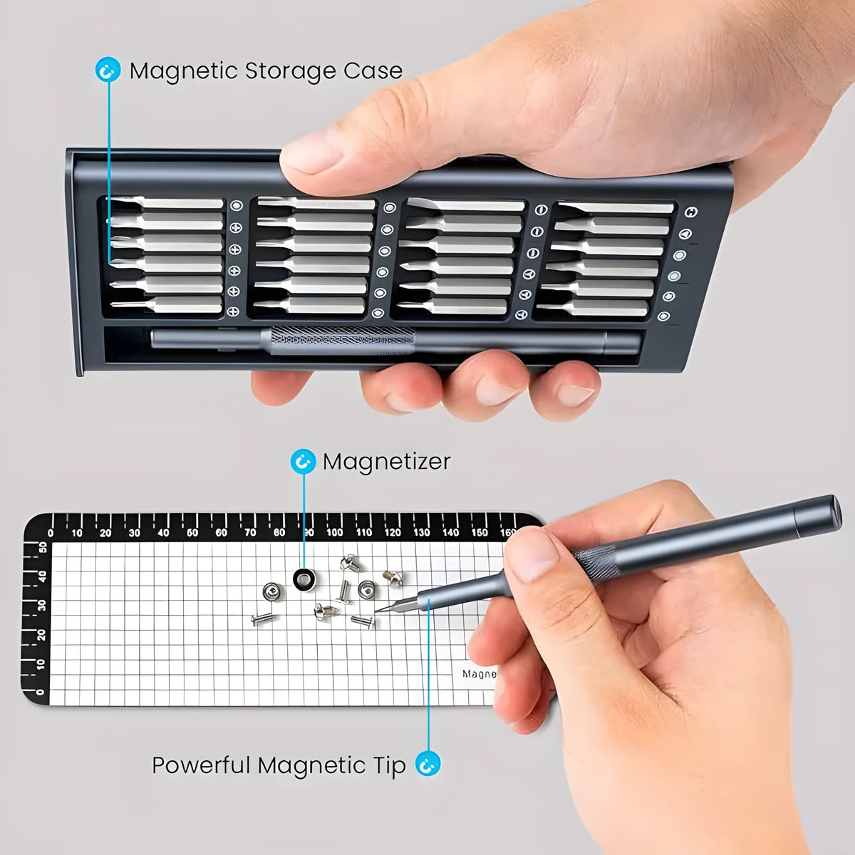 25-in-one screwdriver set with magnetic tips and chrome vanadium steel bits