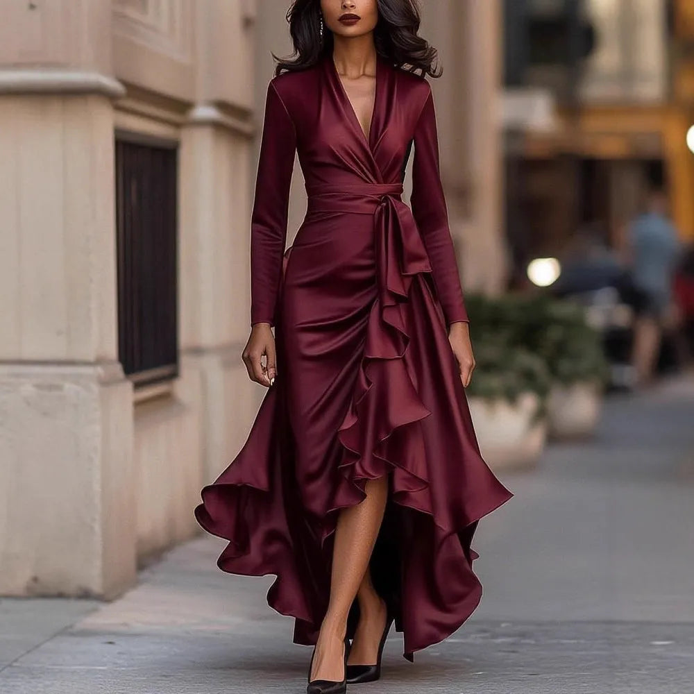 V-neck high waist ruffle dress with asymmetric long skirt in navy blue, wine red, or black, sizes S-XXL.