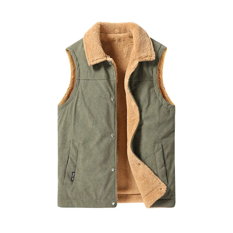 Men's corduroy flip collar warm jacket in Army Green, full zip, polyester fibre fill