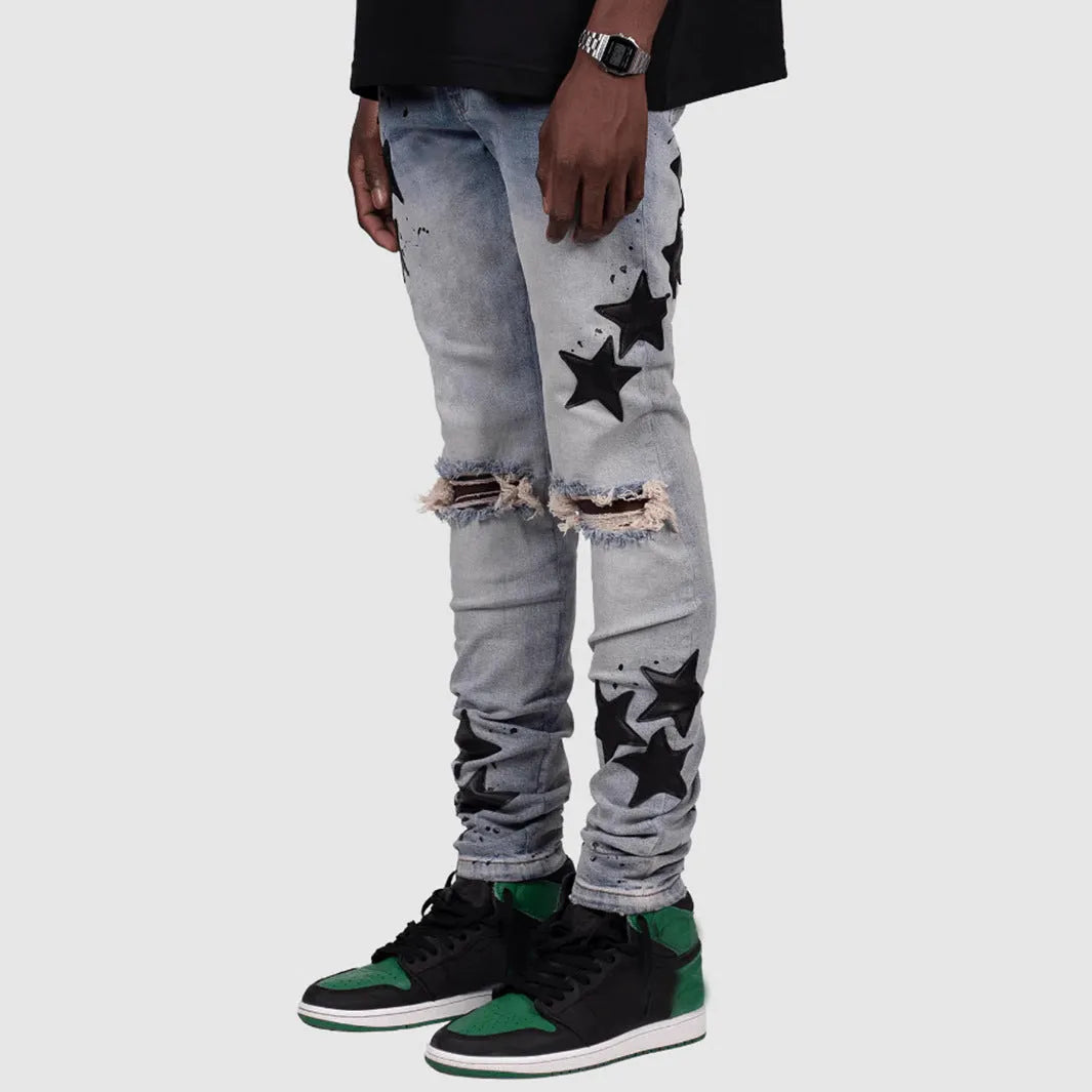 Men's slim fit stretch jeans in gray, blue or light blue with embroidered detail, mid waist and tight leg