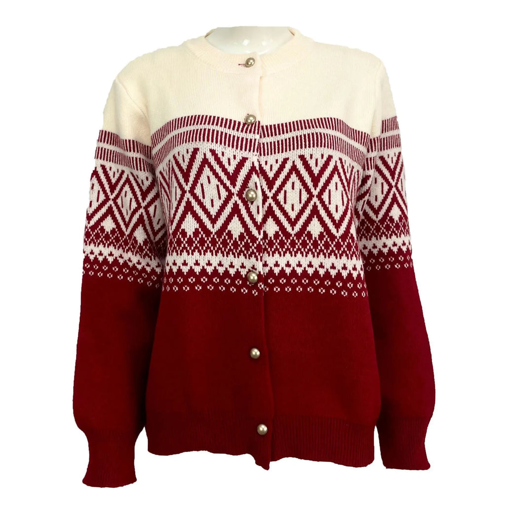 Women's red alpaca fleece cardigan with grey diamond pattern and long sleeves