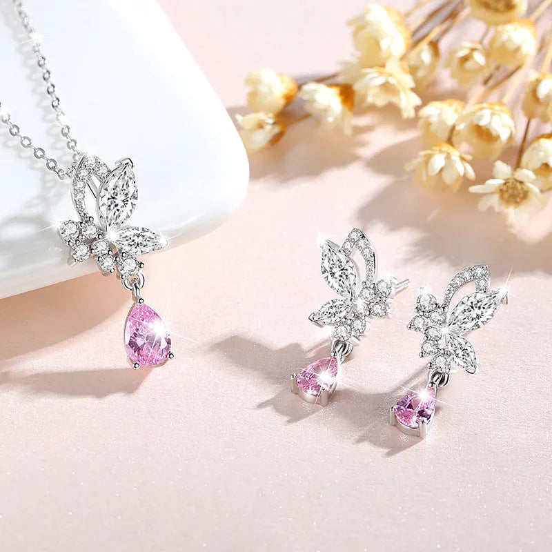 Silver butterfly stud earrings with crystal accents on 925 silver posts