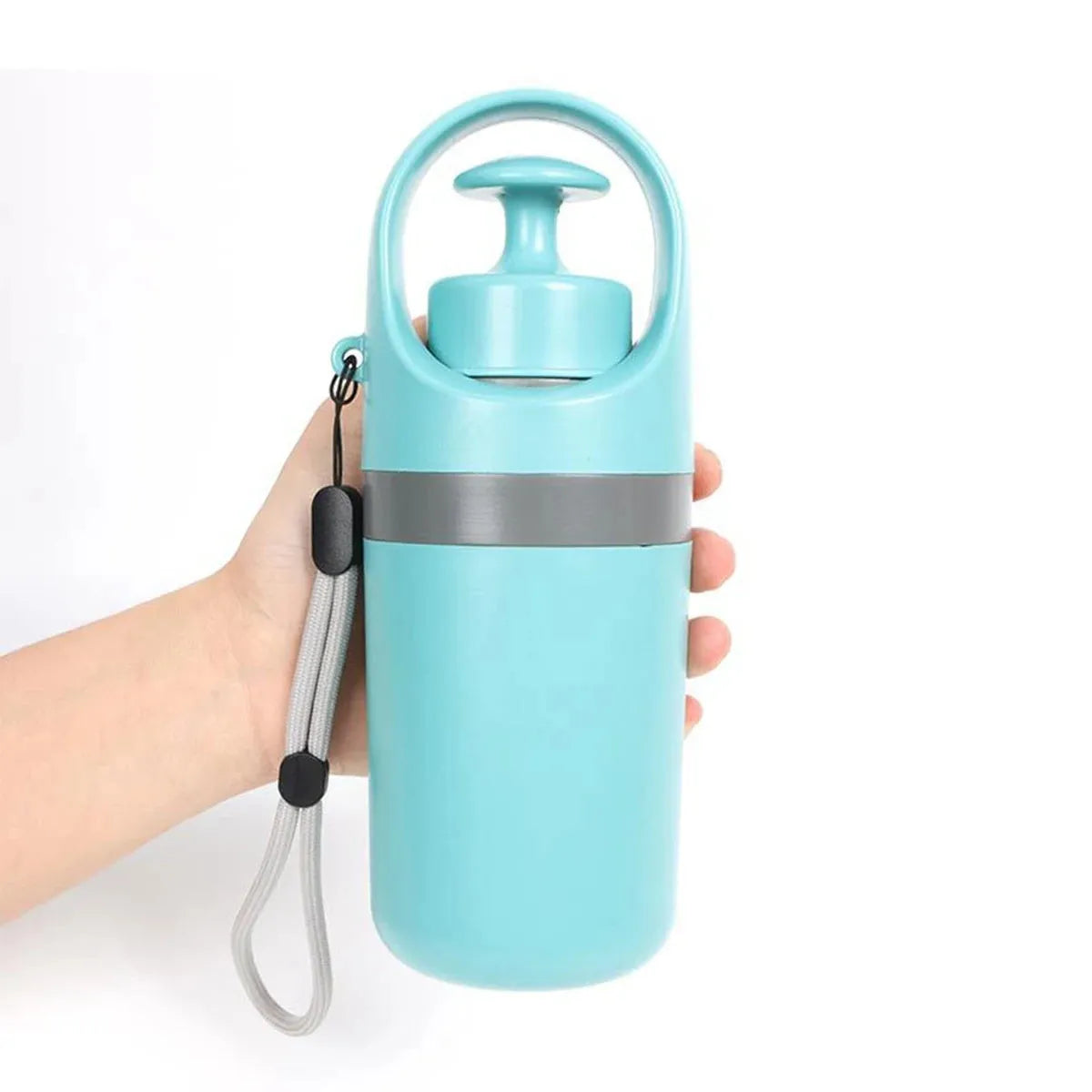 Blue outdoor claw pooper scooper for pet waste with integrated bag dispenser.