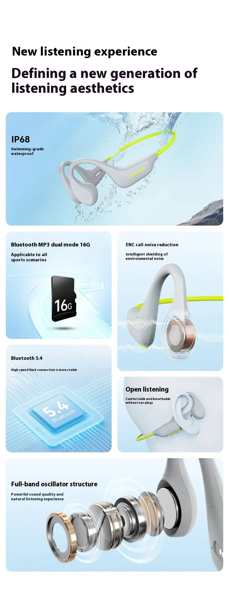Jerry chip bone conduction open sports Bluetooth headset in grey green and black gray with silicone adjustment rope