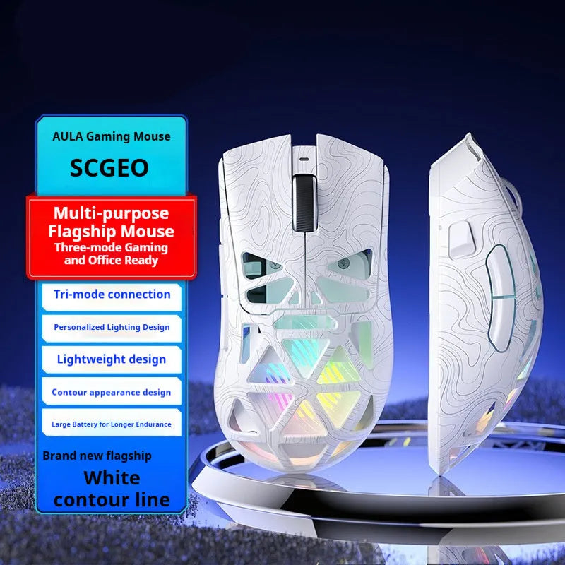 Wireless three-mode mouse with hollowed-out design in black contour finish on desk with cable