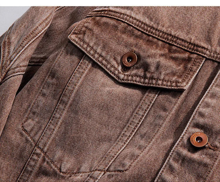 Men's vintage denim jacket in brownish red, loose fit, cross detail, lapel collar, cotton denim, sizes M-5XL.