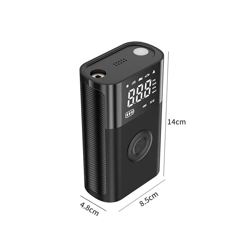 Wireless handheld digital tyre pump with LCD display, black ABS casing, and set of inflation nozzles.