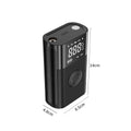 Wireless handheld digital tyre pump with LCD display, black ABS casing, and set of inflation nozzles.