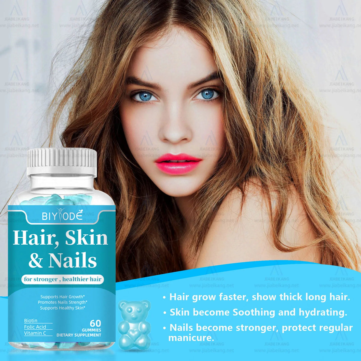Bottle of hair skin and nails vitamin gummies with biotin, folic acid and vitamin C, 60 gummies