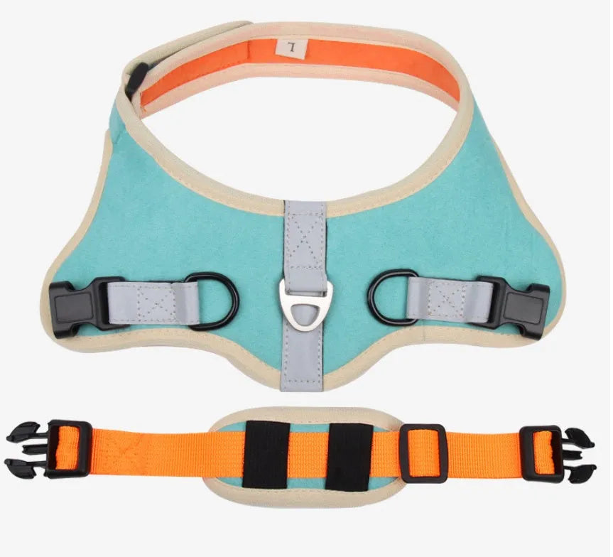 Suede dog harness chest strap in blue, adjustable, sizes S to XL