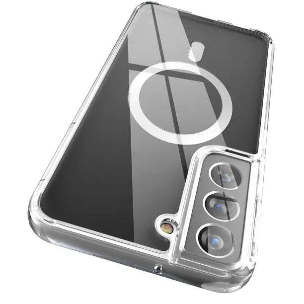 Transparent magnetic phone case for Samsung Galaxy with MagSafe compatibility showing magnetic ring