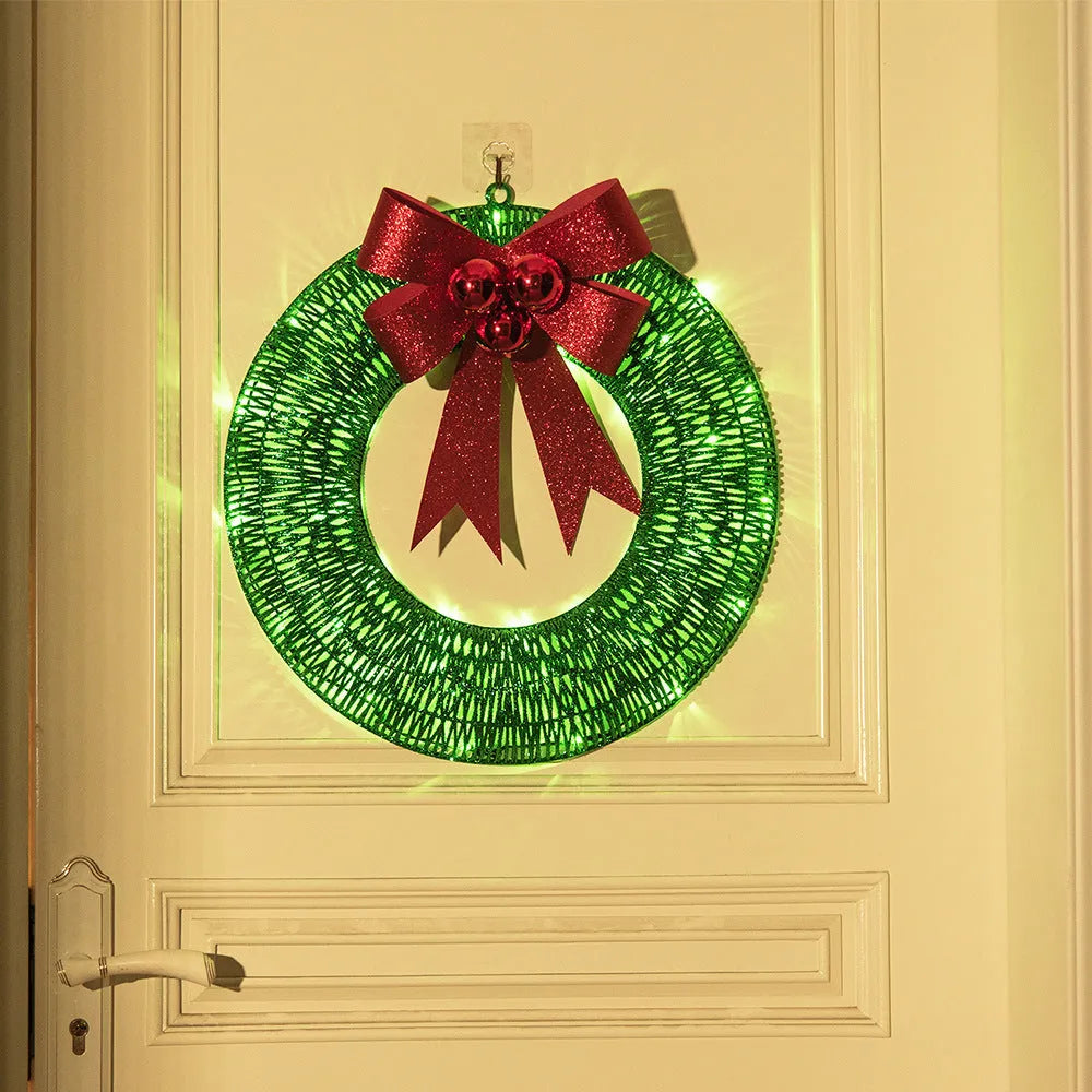 50cm Christmas garland wreath with bowknot, 140 warm LED lights, gold or green, for front door indoor outdoor use