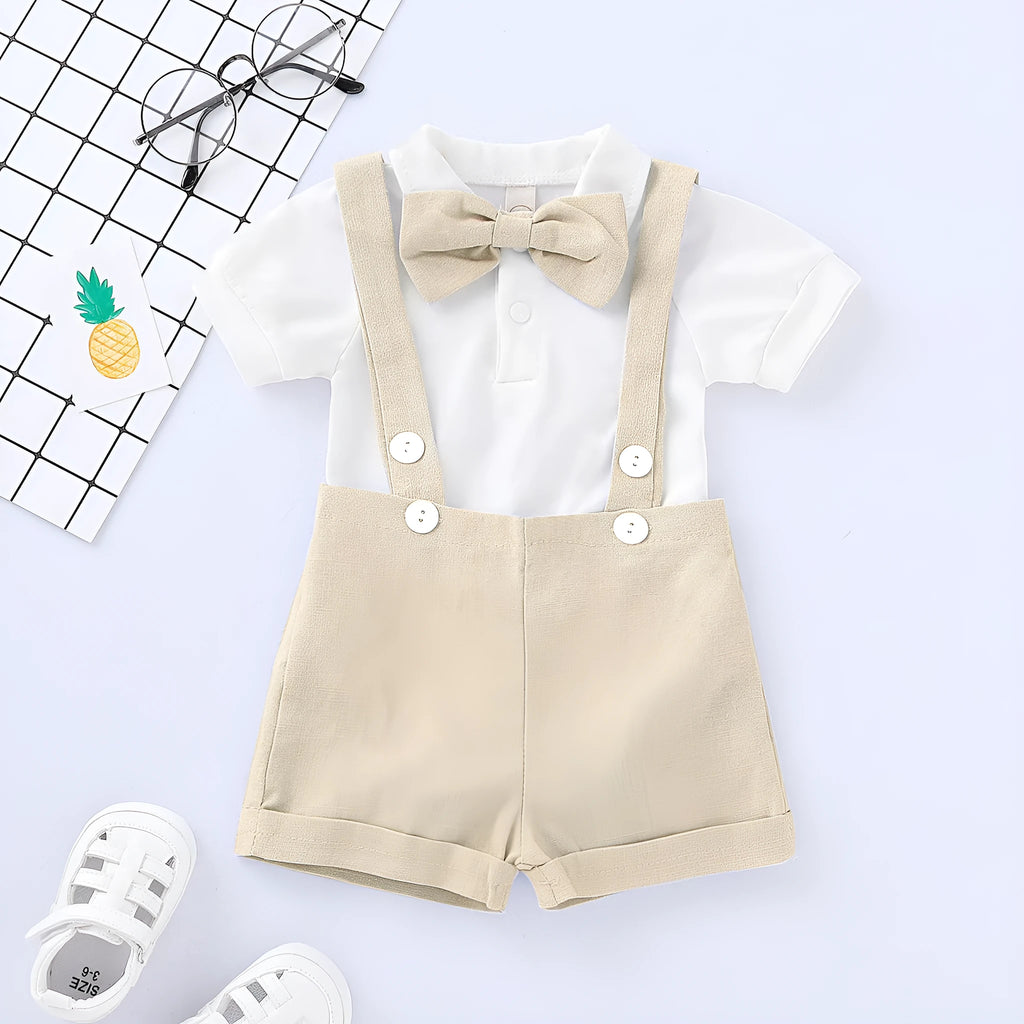 Baby romper bow tie overall dress set, three-piece cotton outfit, shorts, neutral, 70cm to 100cm