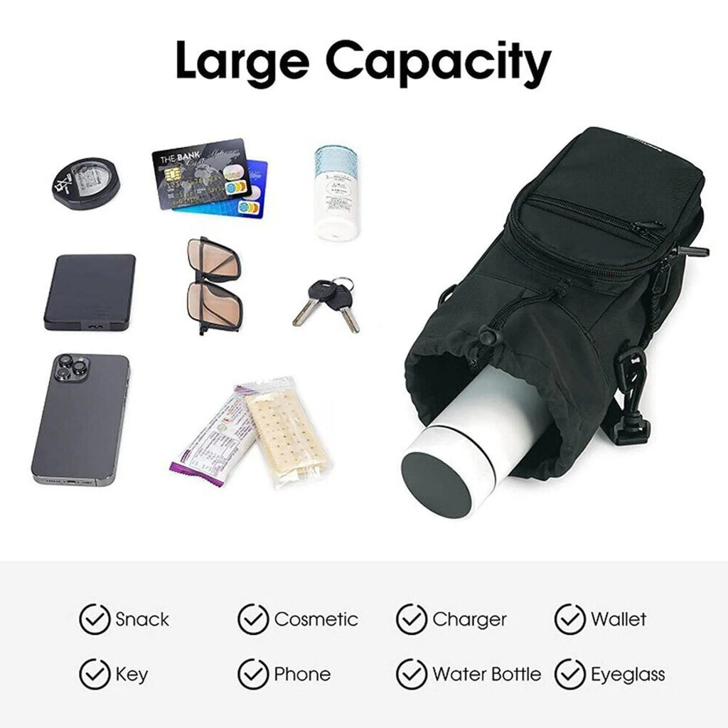 Cloth water bottle shoulder bag crossbody pouch in black, green, or pink.