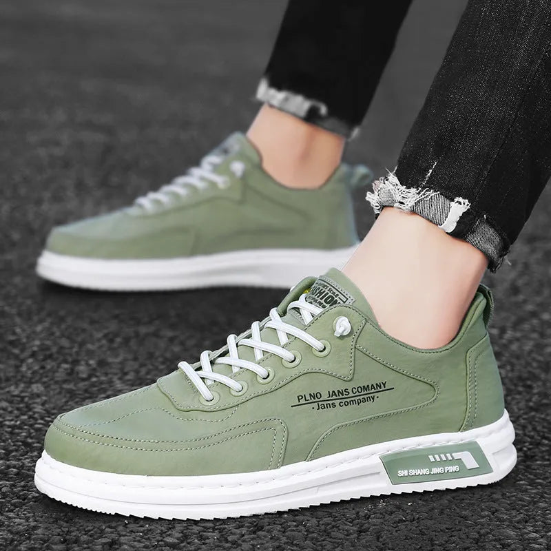 Men's canvas sneakers with letter print, elastic lace-up, breathable mesh lining, platform rubber sole, available in green black grey.