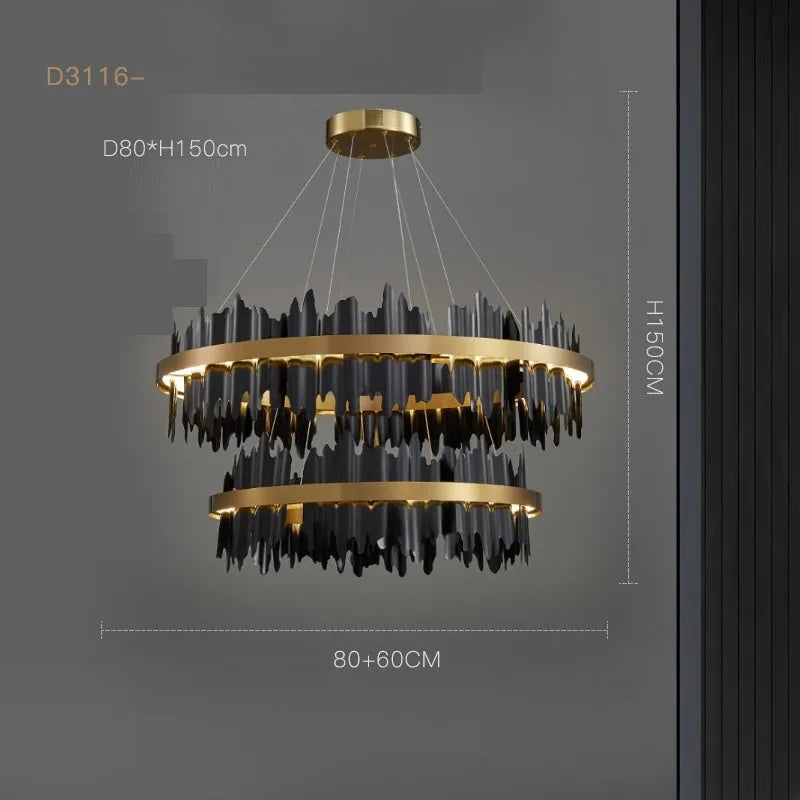 LED pendant lamp with organic glass body and iron construction, black or gold, 60cm or 80cm diameter