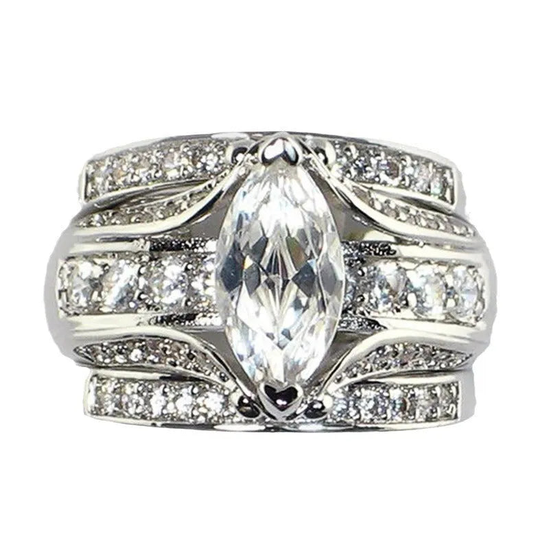 Zircon inlaid ring for women in white gold colour, geometric round design, sizes No.6 to No.10