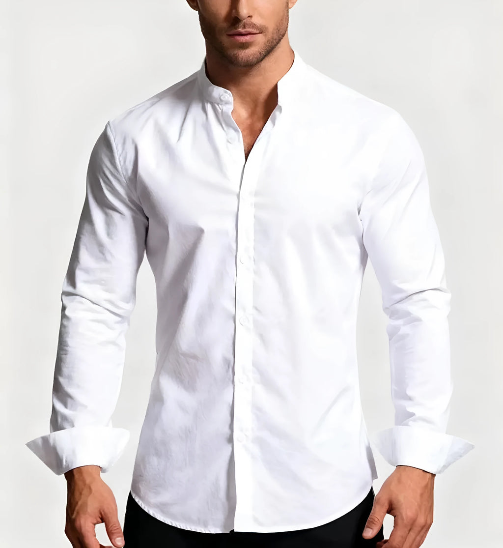Men's stand-up collar white shirt, form-fitting cut, shown in white and available in sizes S to XXXL