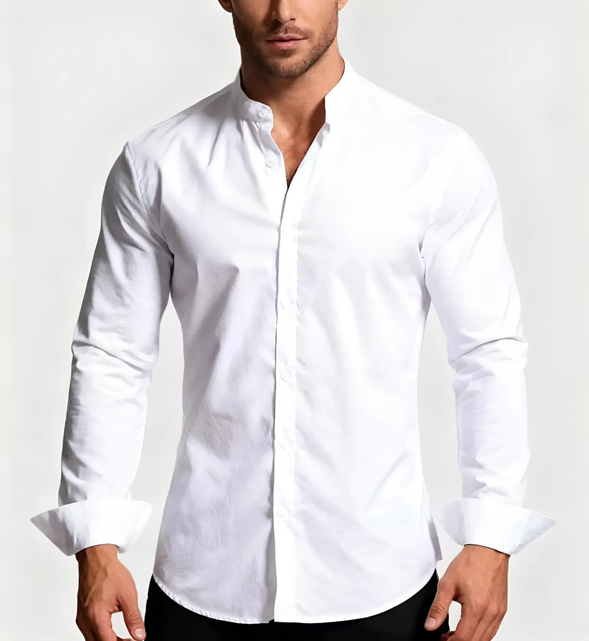 Men's stand-up collar white shirt, form-fitting cut, shown in white and available in sizes S to XXXL