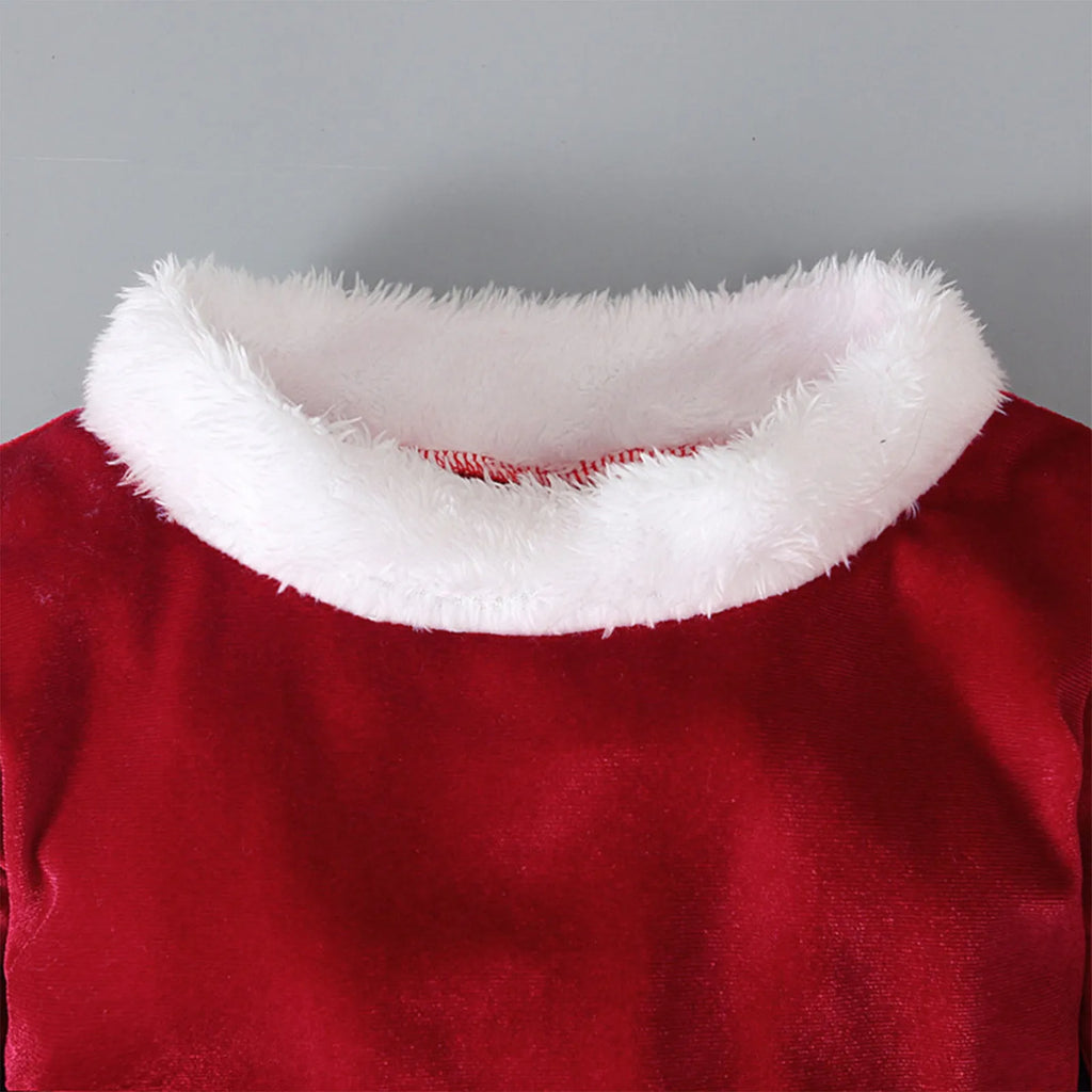 Red Korean velvet children's Christmas three-piece outfit with shirt, bell bottom trousers, and hat for ages 3-8