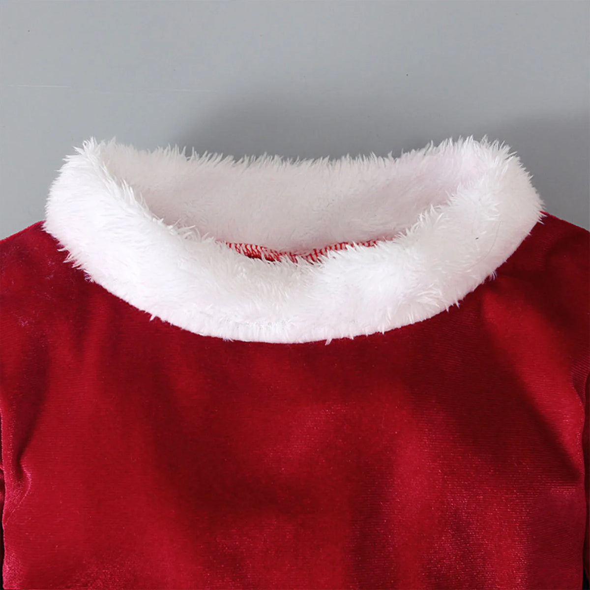 Red Korean velvet children's Christmas three-piece outfit with shirt, bell bottom trousers, and hat for ages 3-8