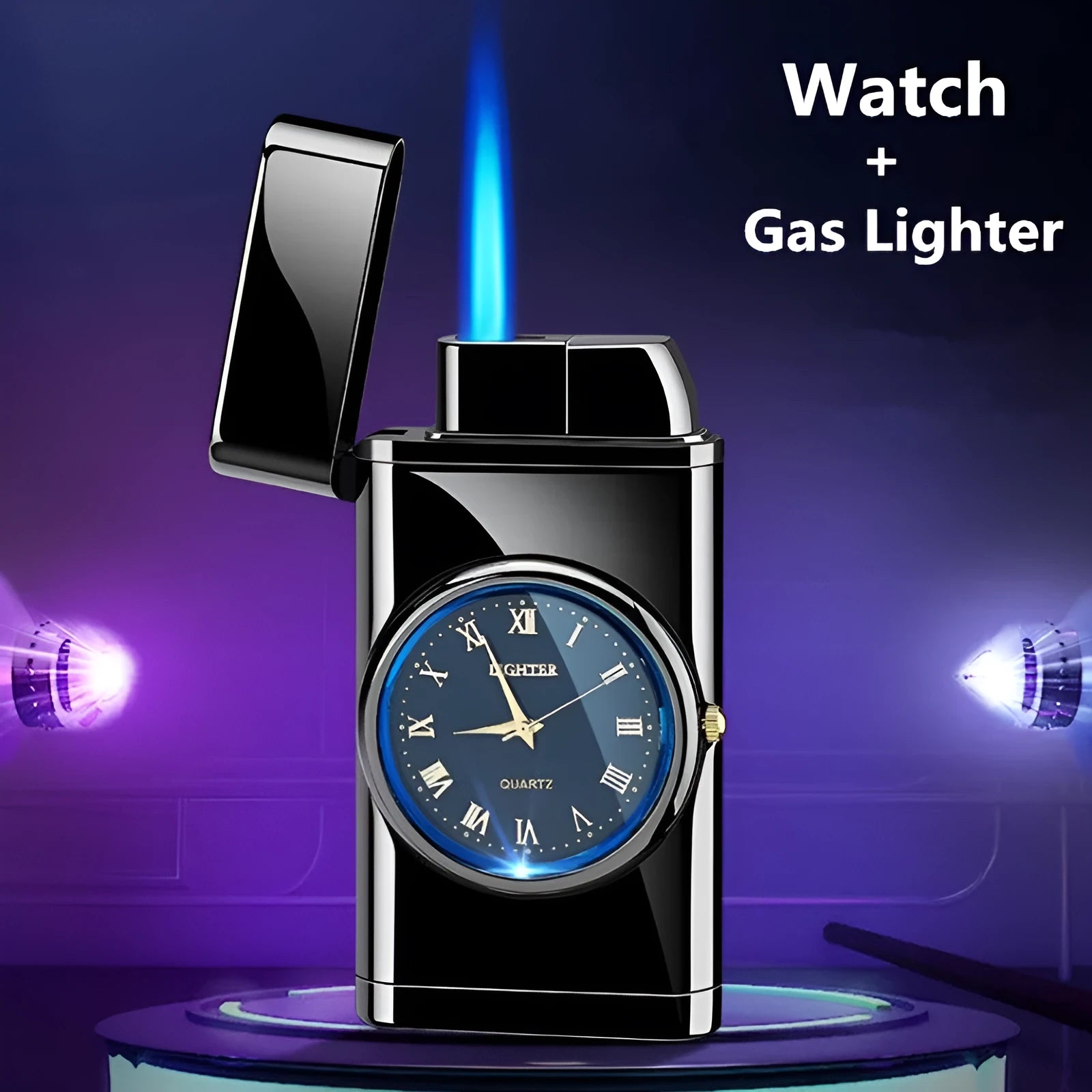 Multifunctional metal electronic lighter with watch display and LED flash lamp in black brushed finish.