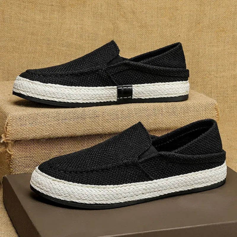 Old Beijing linen cloth shoes in 367 black, beige, and gray with flat heel and PVC rubber sole, sizes 38-44.