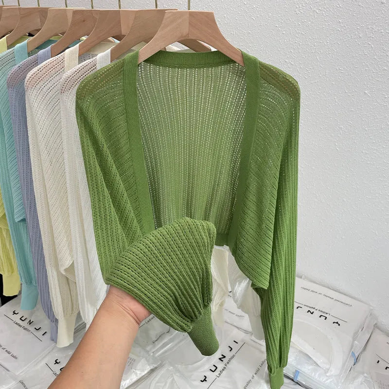 Hollow-out design blouse with lantern sleeves in polyester linen blend fabric