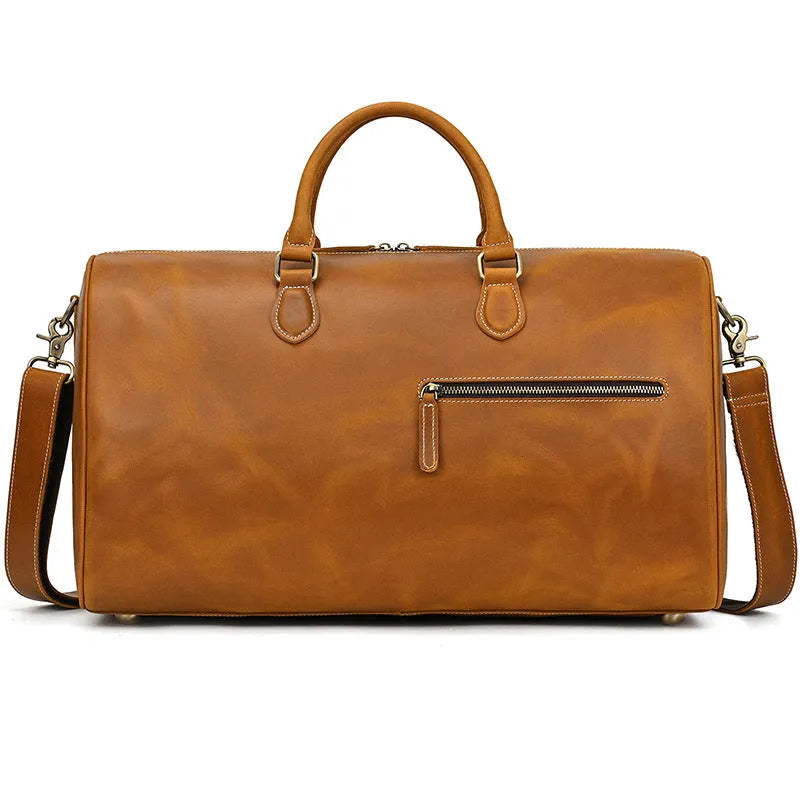 Crazy horse leather travel bag in light or dark brown with 36-55L large capacity and wear-resistant genuine leather finish