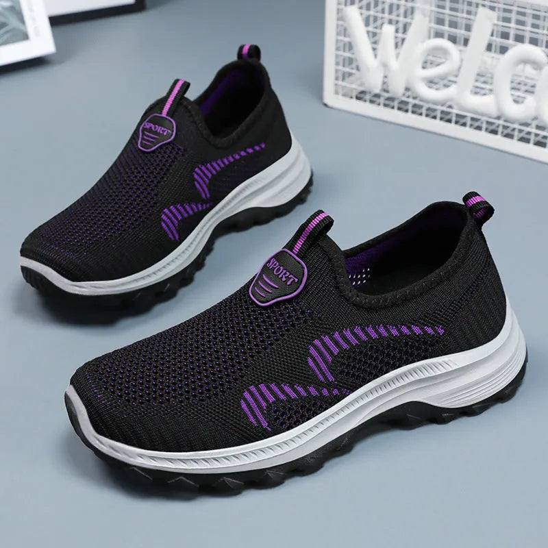 Women's casual sports shoes with mesh upper, round toe, flat heel, available in black, grey, purplish red, taro purple, sizes 36-41