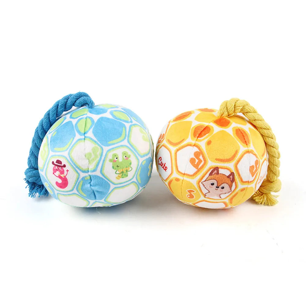 Blue and yellow elastic football dog toy with attached cotton rope for tug-of-war
