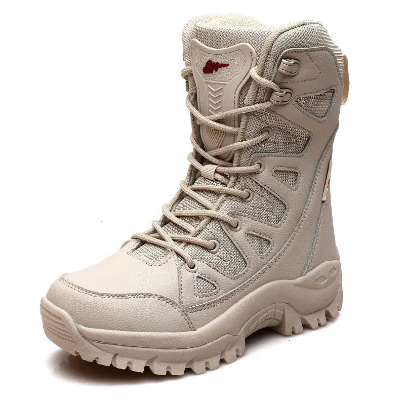 Men's cowhide hi-top hiking platform shoes in black colour for outdoor activities