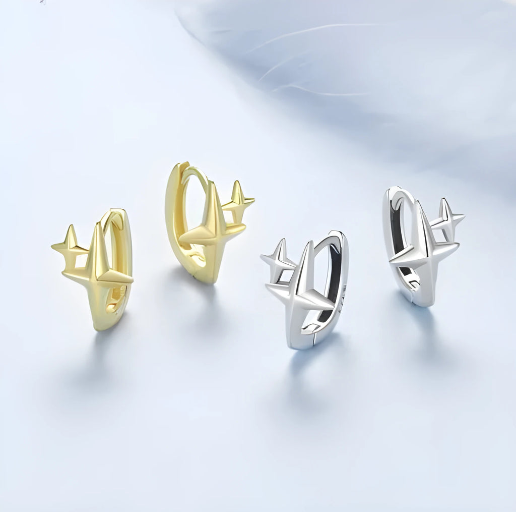 Minimalist star design clip-on earrings in sterling silver with oxidation treatment finish