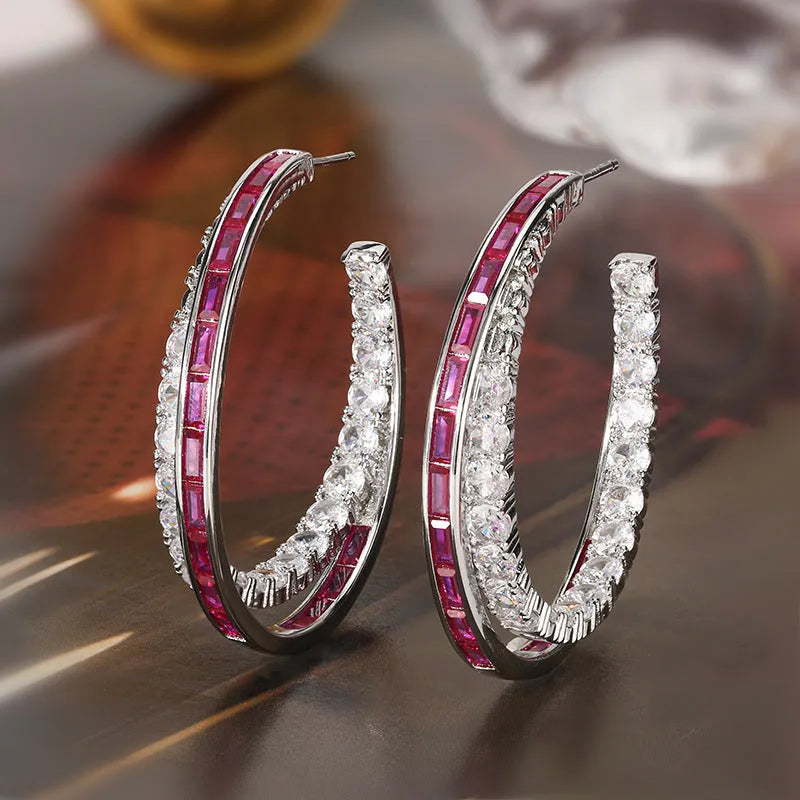 Silver needle geometric ring earrings with zirconia in red corundum or blue spinel, one pair for women
