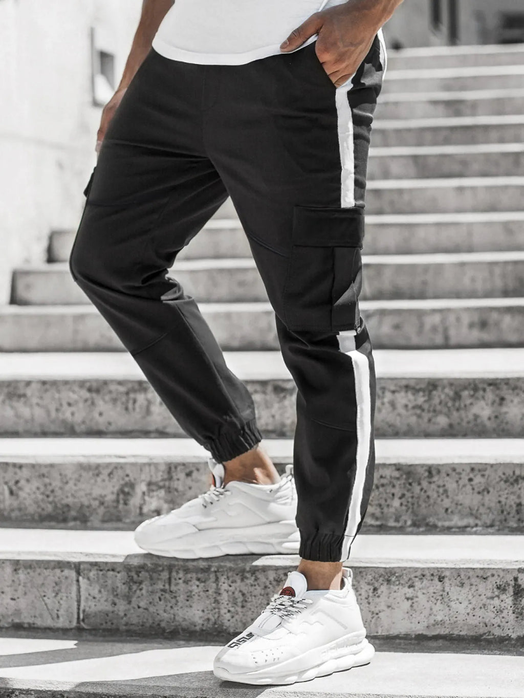 Men's leather-look casual trousers, mid waist, zip fly, 65% polyester, khaki black dark grey, sizes S to 2XL