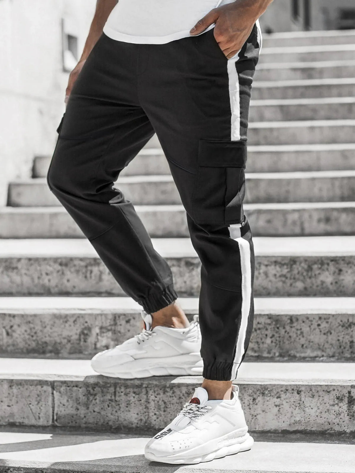 Men's leather-look casual trousers, mid waist, zip fly, 65% polyester, khaki black dark grey, sizes S to 2XL