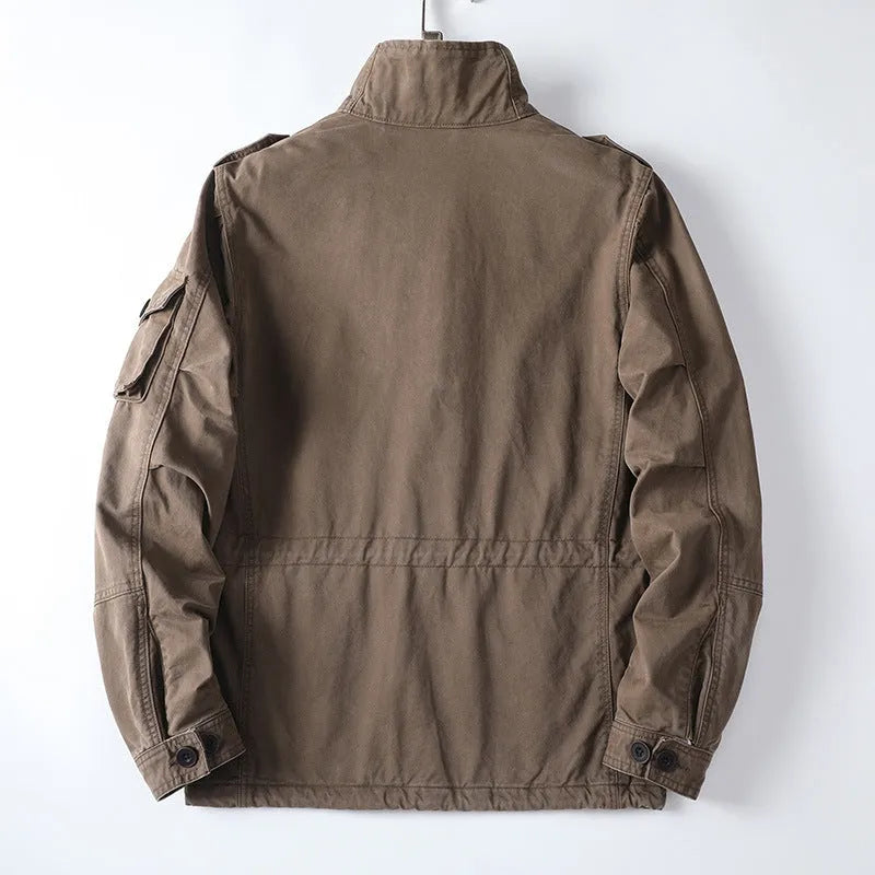 Men's loose-fit cotton jacket in light army green colour with a zip front and retro style.