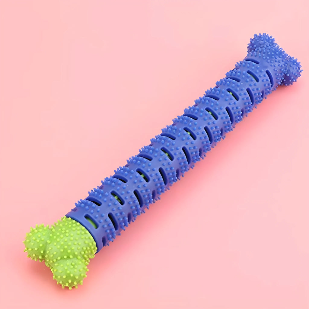 Blue-green dog dental chew toy with silicone brushing nodules and massage bumps for teeth cleaning