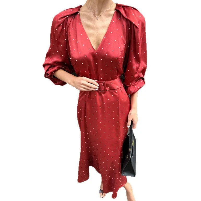 Women's satin V-neck polka dot high waist fishtail long dress in printing colour