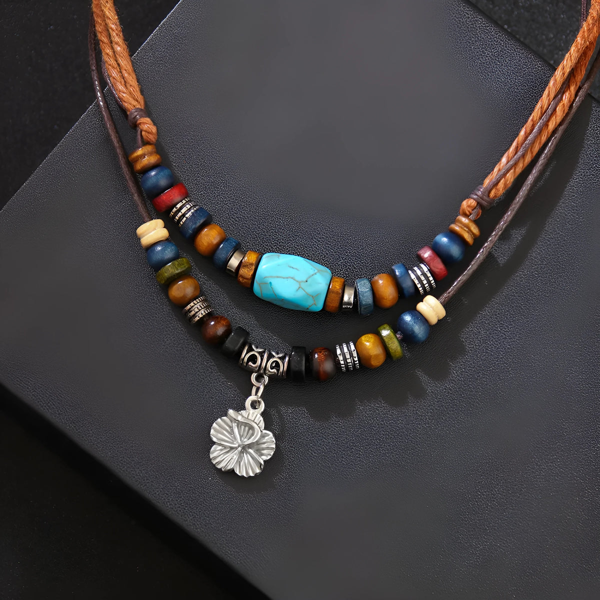 Wooden bead necklace with turquoise alloy pendant, wax rope chain, geometric flower design, QNN1108