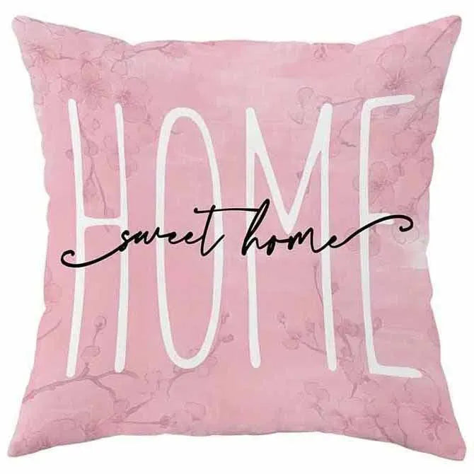 45cm square short velvet cushion cover with detailed cherry blossom and script letter floral print design.