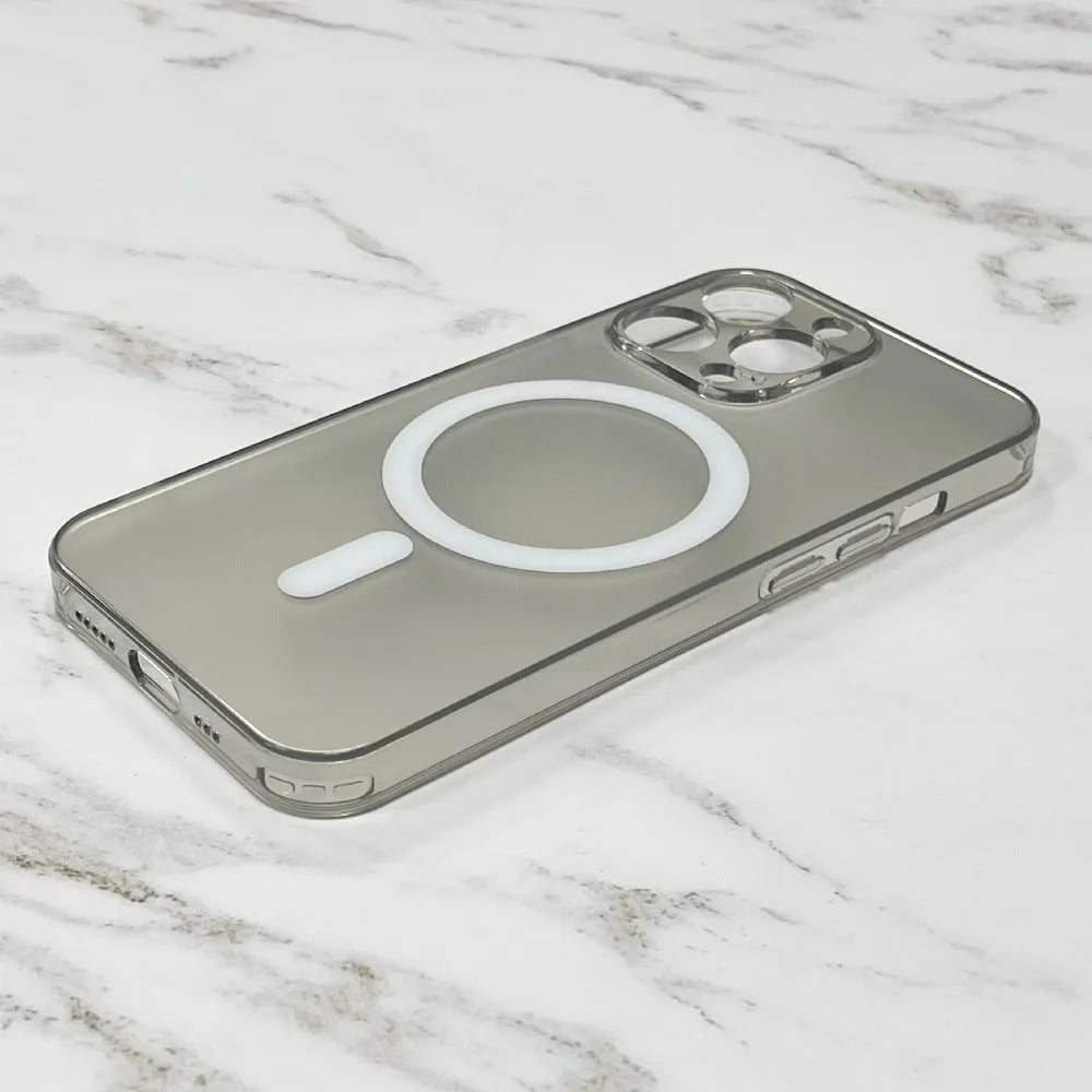 Transparent magnetic MagSafe iPhone case with tempered glass back, TPU frame, and 38 fan-shaped magnets