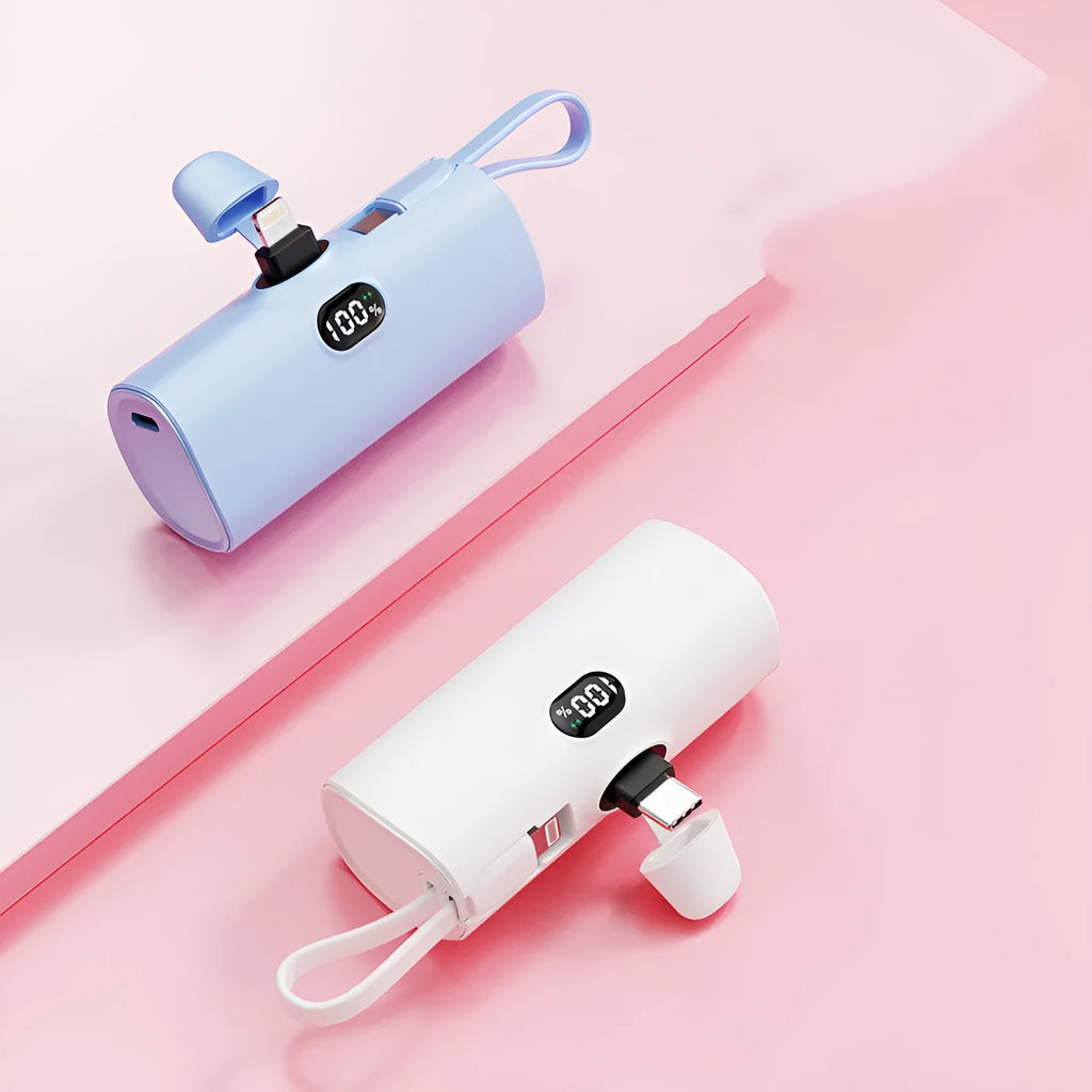 Capsule digital display wireless pocket power bank showing five colour options with integrated plug