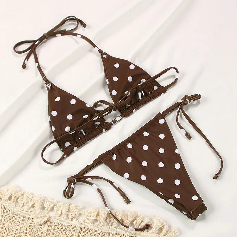 Women's polka dot print split swimsuit bikini set with floral and gradient pattern options