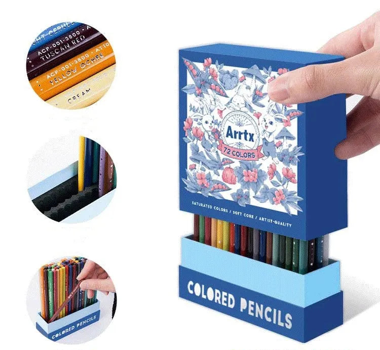 Boxed set of 72 coloured art pencils with basswood barrels for drawing and sketching.