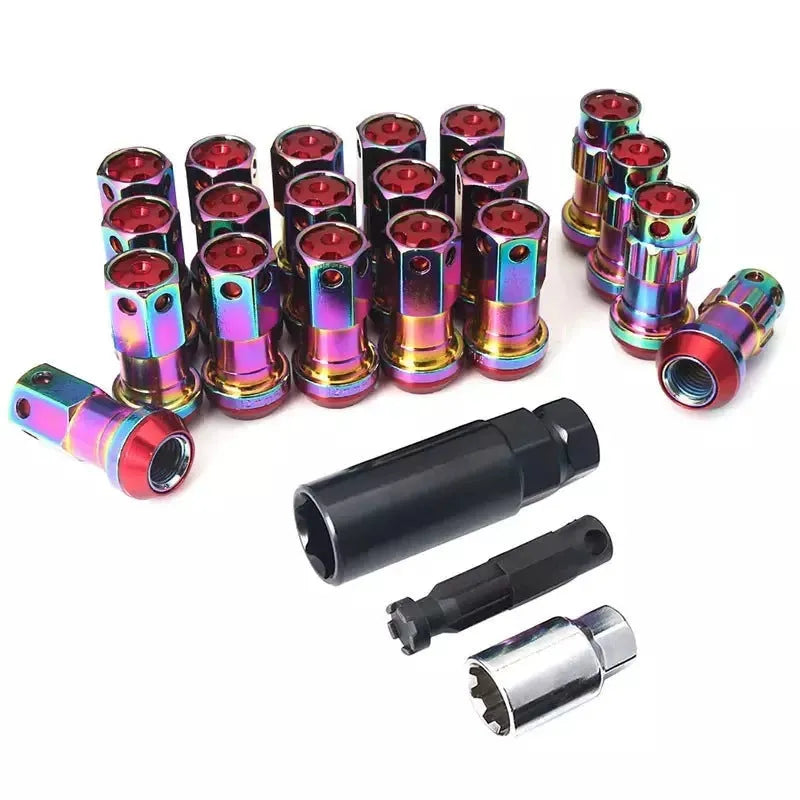 Forged aluminium wheel hub nuts in multiple colours with M12 thread for universal vehicle fitment