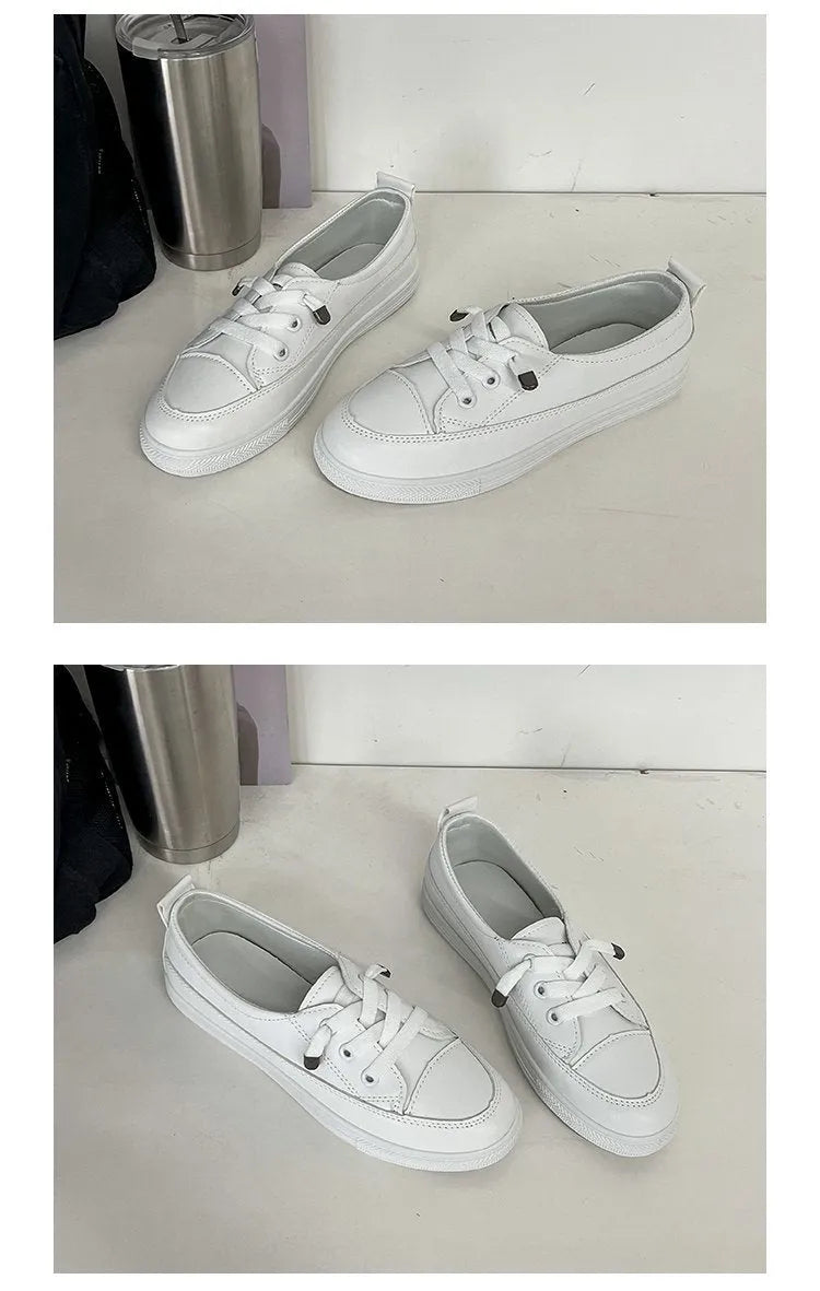 White women's sports shoes with flat heel, round toe, lace-up front, artificial PU upper, and rubber sole