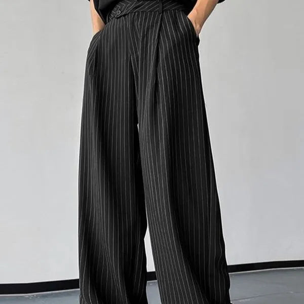 Black men's vertical striped pleated casual trousers showing elastic fabric and rabbit hair bamboo fibre materials